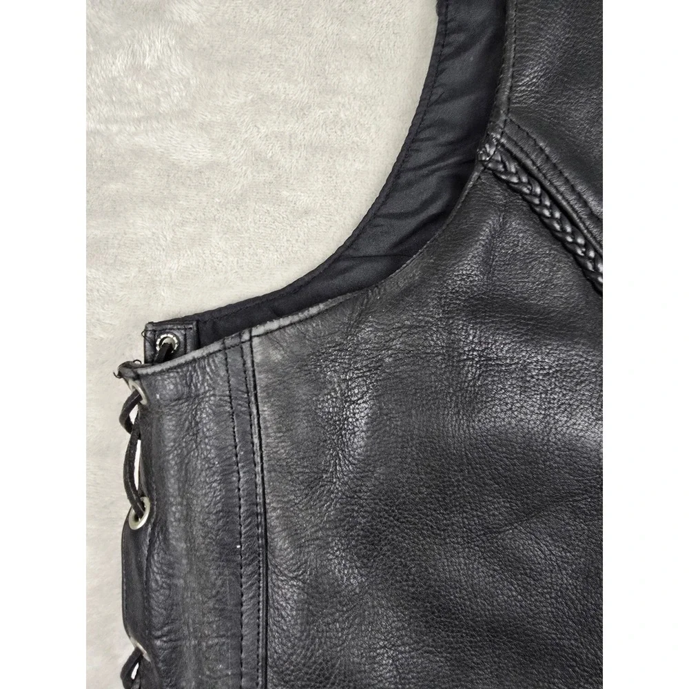 Pro-Rider Premium Leather Biker Vest Mens 50 Black Buffalo Buttons Side Lace Up